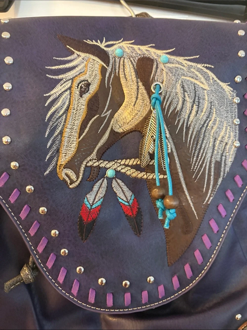 619 Purple Horse Embroidered Women's Backpack Purse - Picture 2 of 8
